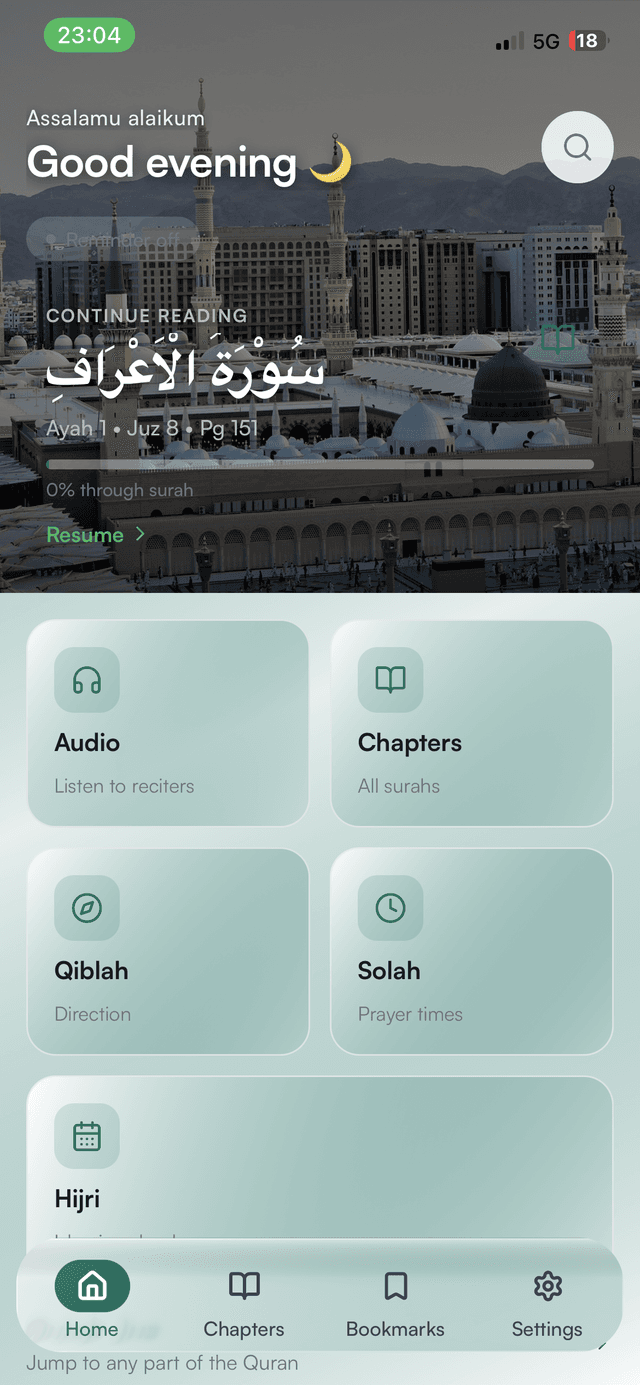 Quranic app home screen showing Quran reading progress, quick actions for Audio, Chapters, Qiblah, and Prayer times